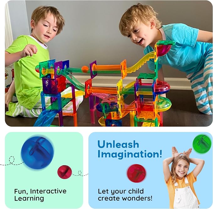 PicassoTiles 70 Piece Marble Run Magnetic Tiles Race Track STEM Ages 3+ | 8 quarter-round turns, 10 long slides, 4 U-turns, 2 funnels & 2 slopes, 4 weighted balls, BPA-free, fine motor & spatial play