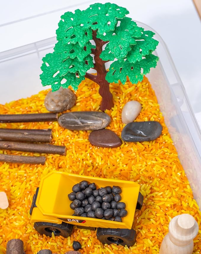 Construction Sensory Bin Kit for Kids | Taste-Safe Rice, Realistic Rocks & Logs, Wooden Tools & Vehicles – Includes Storage Bin – Montessori-Inspired Sensory Play