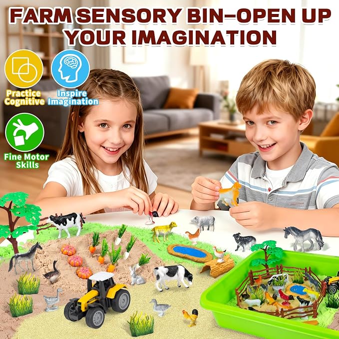 59 Pcs Farm Sensory Bin, Sensory Bins Farm Toys for Kids 3-5 6 7 Sand Toys | Farm Sand Box Kits with Sandbox & Farm Animals & Tractor Toy Playset, Magic Sand Toys for Boys Girls Birthday Gift 3-5 6 7 8