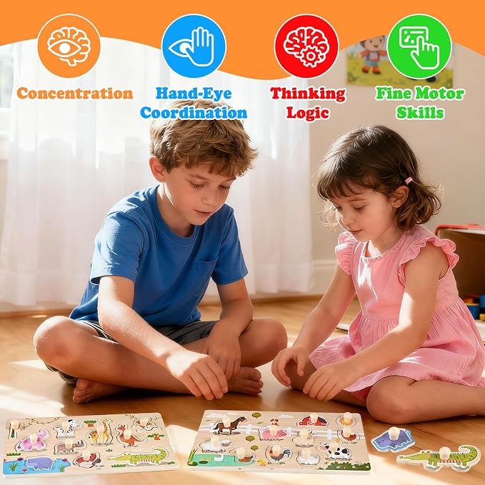 Wooden Peg Puzzles for Toddlers 1-3, 2 Pcs Montessori Puzzles, Zoo & Farm Animal Puzzles, Great Preschool Educational Learning Gifts for Girls and Boys