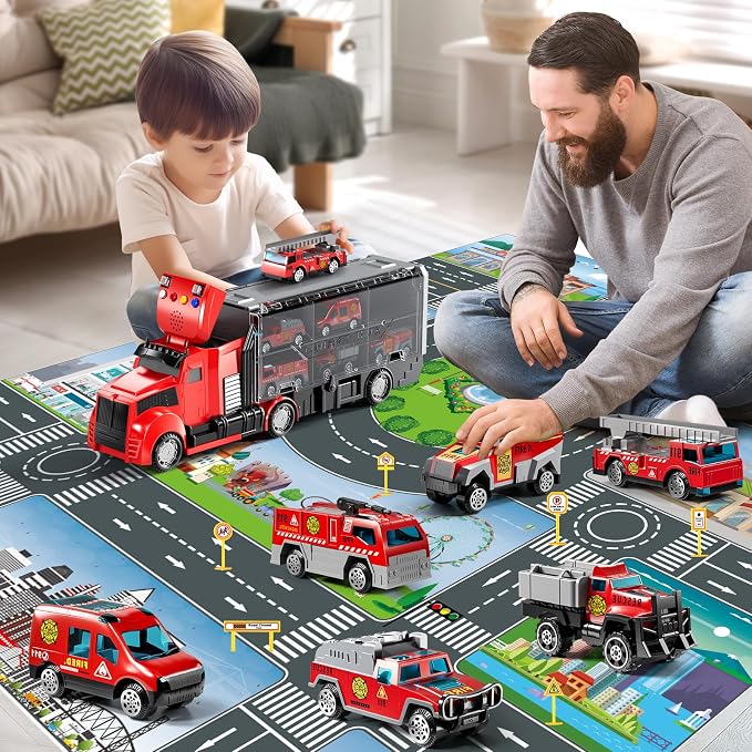 NIPLOOOW Fire Trucks Toy Set with Play Mat, Carrier Truck Play Vehicles Set for 3 4 5 6 Years Old Boys Kids, Die-Cast Car Toy for Toddlers 3-4 Years, Birthday Gifts Toys for 3-9 Year Old Boys