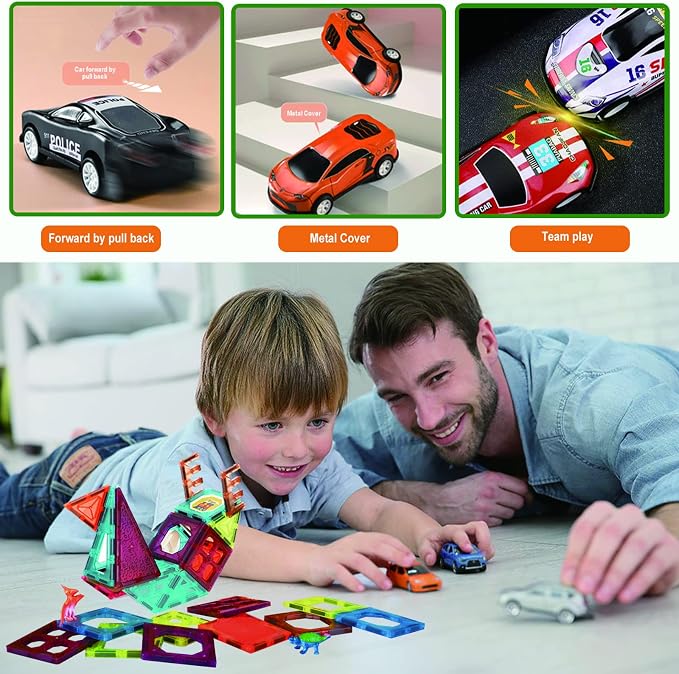 BUBUQE Magnetic Tiles Parking Building Playset with 10 Pull-Back Metal Cars for Kids Construction STEM Toy Preschool Creativity Learning Birthday Gift for Girls Boys Toddlers 3 4 5 6 7 8
