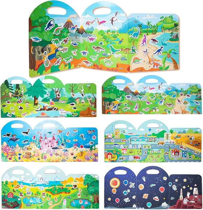 Jelly Reusable Sticker Books, Portable Travel Toys Sticker Activity Book for Kids 3+ Year Old Girls Boys, Animal Insect Dinosaur Ocean Space Car