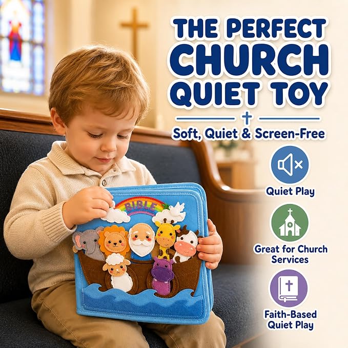 Bible Quiet Book, Felt Busy Book for Toddlers 1-3, Baptism Gifts | 7 Bible stories, Noah's Ark, Montessori toys, sensory play, soft felt pages, church toy, toddler travel toy, christening gift