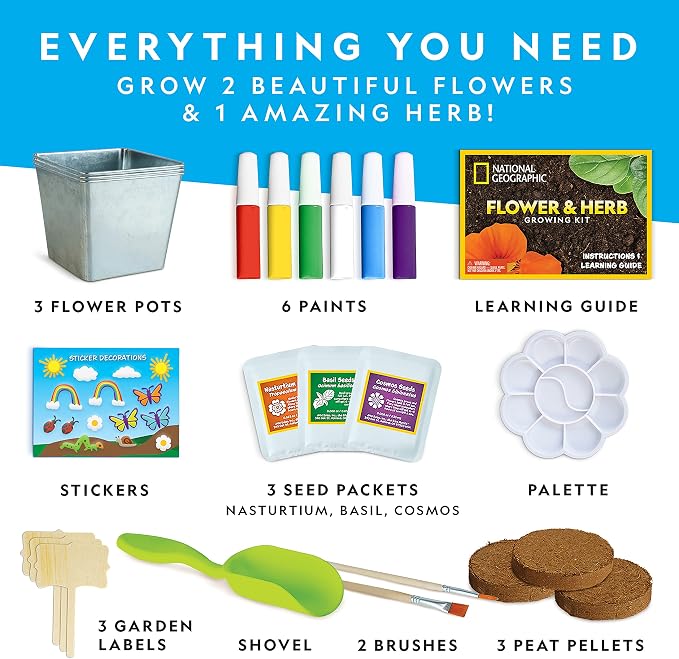 National Geographic Flower and Herb Gardening Activity Kit for Kids | 3 Stainless Steel Pots, Paint and Stickers, Flower and Herb Seeds, Plant Growing, Outdoor Learning, Craft Activity