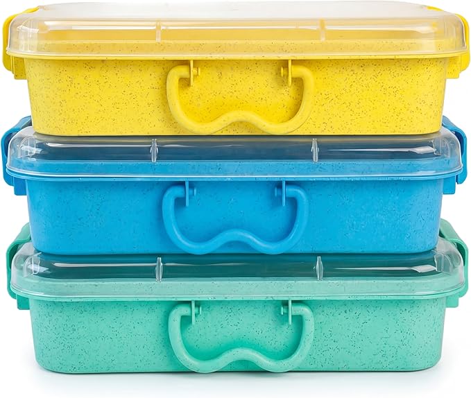 Carolart 3 Pack 12.8 Inch Wheat straw Plastic Storage Bins, Stackable | 40% wheat straw blend containers with lids for sand toy storage, classroom supplies, crafts, toys and homeschool use