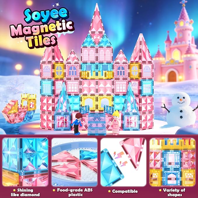 Magnetic Tiles 102pcs with 2 Stairs 2 Dolls Princess Castle Kids Ages 3-12