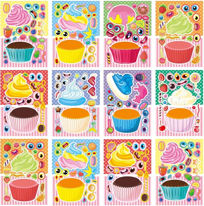 24 Sheets Make a Face Cupcake Stickers for Kids Party Favors | Make Your Own Dessert Stickers Birthday Decorations Supplies, Toddlers Crafts Activities Gifts Goodie Bags Stuffers