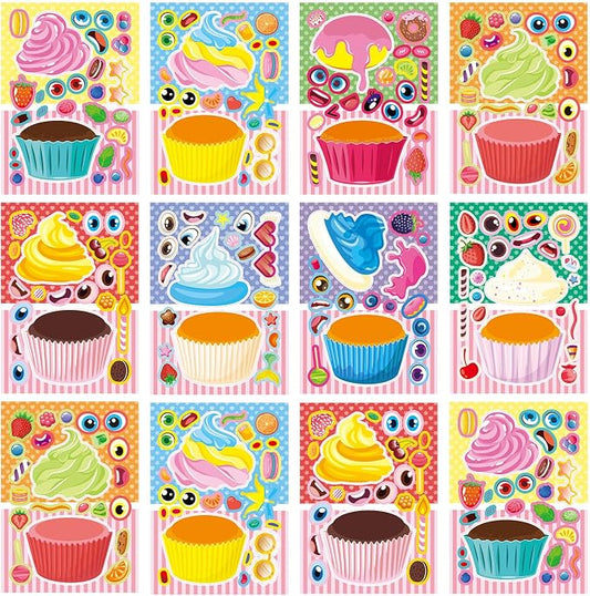 24 Sheets Make a Face Cupcake Stickers for Kids Party Favors | Make Your Own Dessert Stickers Birthday Decorations Supplies, Toddlers Crafts Activities Gifts Goodie Bags Stuffers