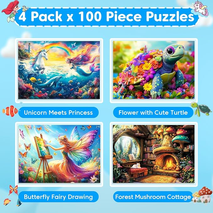4 Packs 100 Piece Puzzles for Kids Ages 6-8 8-10, Fantasy Mermaid Unicorn Puzzle for Girls 4-6 Years Old Educational 100 Piece Large Jigsaw Puzzles, Kids Puzzles 4-6 Toys Gifts for Girls Boys
