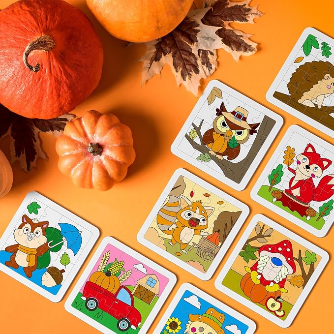 Cinrobiye 24 Set Fall Coloring Jigsaw Craft Kit for Kids, DIY Autumn Activity Set Bulk with Pumpkin Leaf Turkey Owl Designs, Thanksgiving Party Favors, Classroom Art Projects