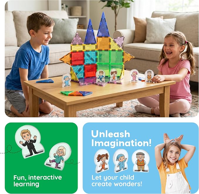 PicassoTiles 8pc Family Character Action Figures Accessory Add On Compatible with Magnet Tile Building Construction Sets STEM Pretend Play Educational Toys for Learning Preschool Kids Ages 3+ PTA110