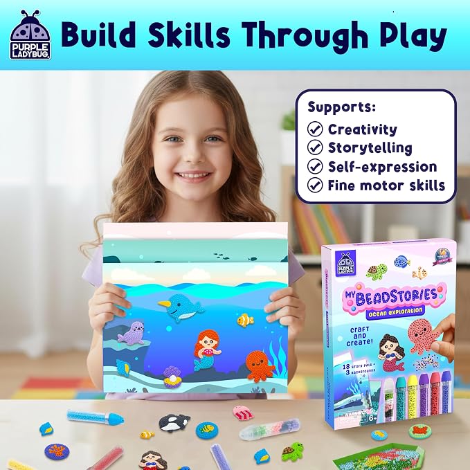 Magical Bead Painting – Birthday Gifts for Girl and Boy Ages 6-8 Years Old, Bead Art & Craft Set, Beads Pen & Painting Activities, Creative Arts & Crafts Ocean Theme Kit with Fun Designs