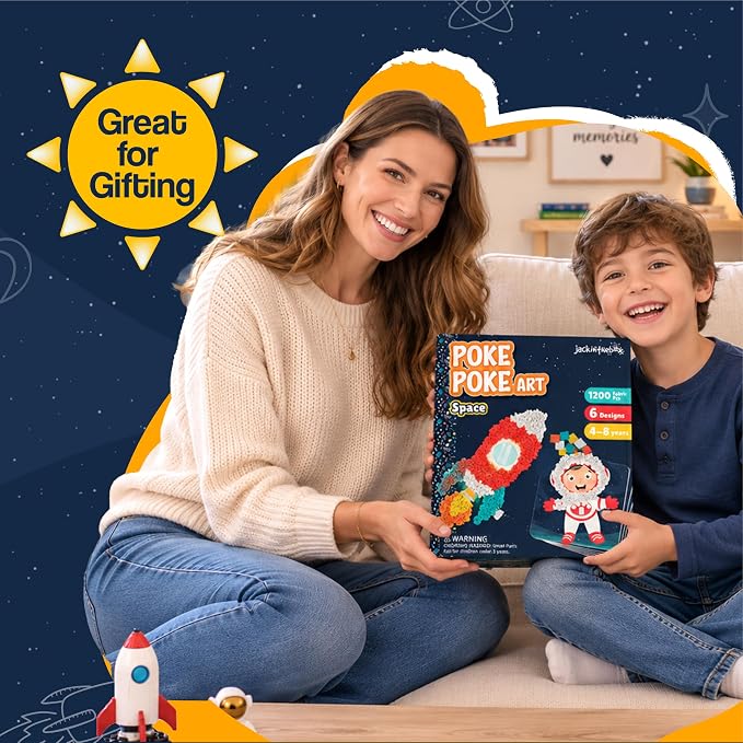 jackinthebox Poke Art Space Crafts Kits for Boys Kid, Activity Toy Ages 4-8 | 1200 fabric pieces, fun travel activities & kits, birthday gift for kids & toddler, age 4 5 6 7 8 year old, flower pressing
