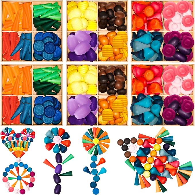 Chivao Loose Parts Play Materials Set, Wooden Mandala Toys Kit,162 Pcs | Wood Sensory Play Toys, 27 Rainbow Colors, 7 Shapes Loose Parts, Teens, Students, Early Learning Materials