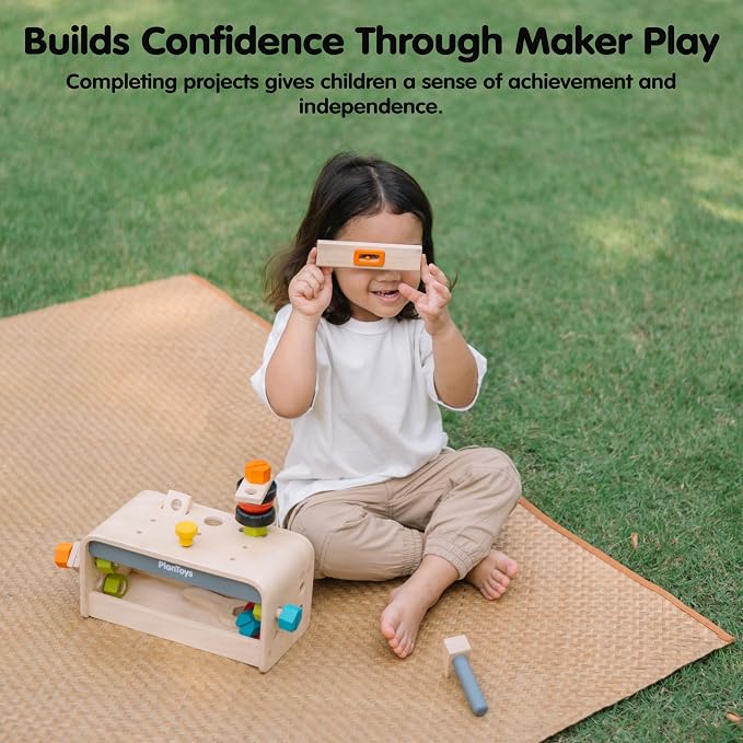 PlanToys® Wooden Little Tool Bench Montessori Construction Kids STEM Toy | hammer, wrench, screwdriver, kids tool set, girls, boys, fine motor problem solving imaginative role play gift preschool