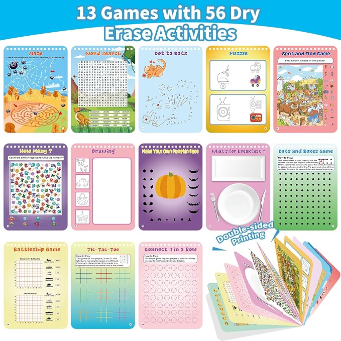 Elfew 2 Pack Reusable Travel Games Activity Books for Kids Ages 4-8, 8-12 | Include 2 Markers, 56 Different Brain Games, Waterproof, Spiral Binding, Toy & Learning Tool for Road Trip Airplane Activity