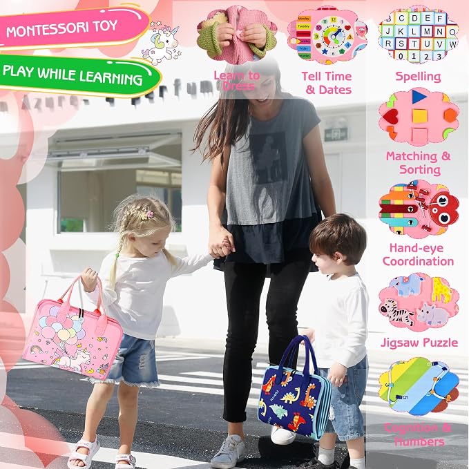 Esjay Busy Board Montessori Toys for Girls, Sensory Book Educational Activities for Learning Fine Motor Skills, Birthday Gifts for Girls, Travel Toys for Airplane Car, Pink Multipages