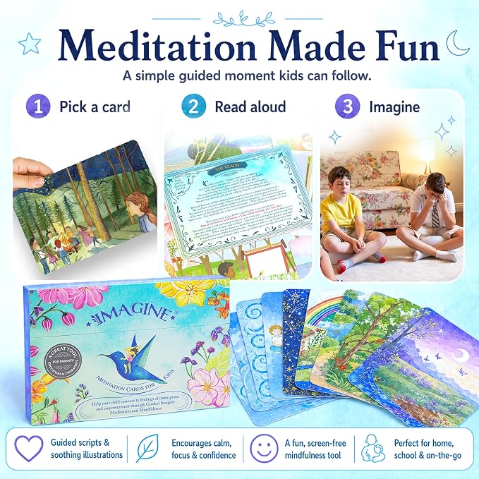 Imagine Meditation Cards for Kids - Award-Winning Mindfulness kit of XL Cards with Calming Guided Meditations for Empowerment, Focus and Relaxation. Great for Parents, Teachers and Therapists.