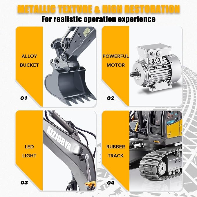 KIZJORYA Remote Control Excavator, Toys for Boys Age 6-12, Rechargeable 11 CH RC Construction Vehicles Truck with Sound Light Metal Shovel, Birthday for Kids 7 8 9 10+ Year Old(2.4 GHz)