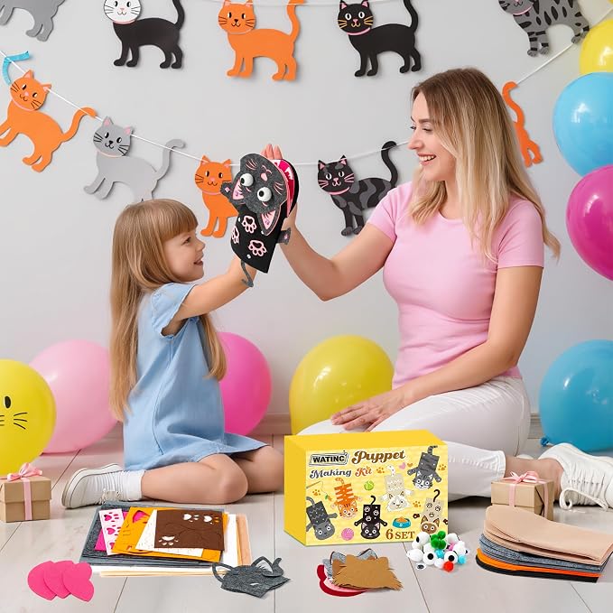 WATINC Hand Puppet Making Kit, Felt Sock Puppet Toys for Kids (Cat A) | 6 Styles, Make Your Own Storytelling & Role Play Crafts, Creative Group Activity, Party Favors & Gifts for Kids Ages 4-8