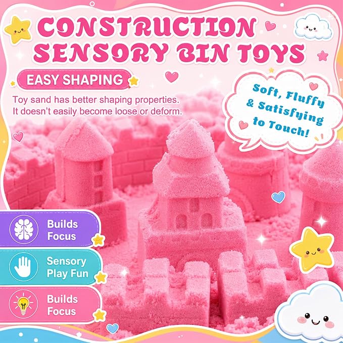 Teyva Daily 59 Pcs Sensory Bin Sand Kit with 2.2lbs Pink Moldable Play Sand, Inflatable Tray, Lidded Storage Box, Castle Ocean Animal Fruit Molds, Flags and Pump for Kids Toddler Ages 4-6