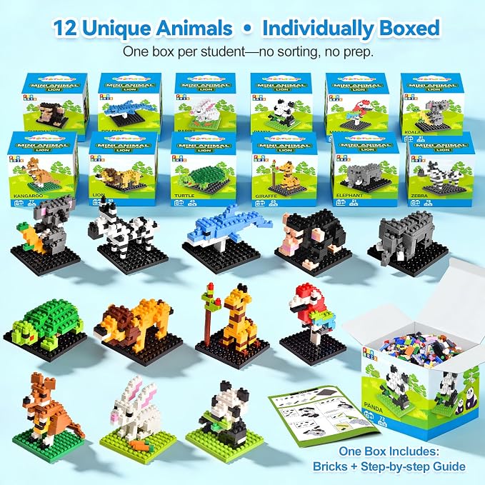 FUN LITTLE TOYS 12 Pack Mini Animal Building Blocks Party Favors for Kids | No Duplicates Individually Boxed Zoo Sets Party Favors for Kids 6-12 Classroom Prizes Goodie Bag Stuffers Easter Egg Fillers