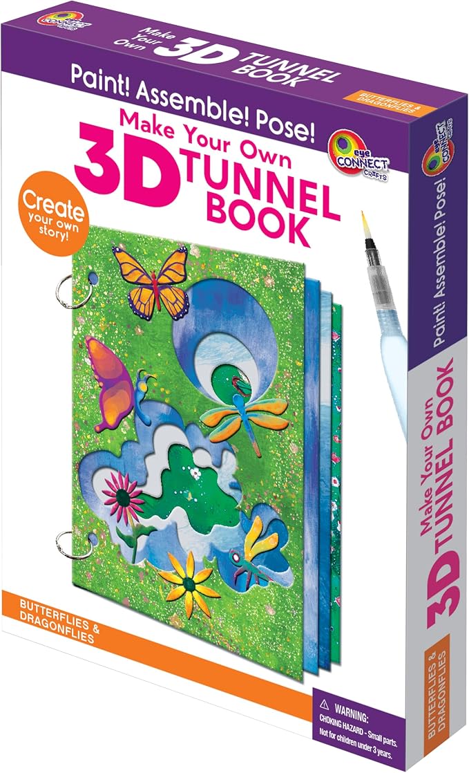 EyeConnect Crafts Butterfly Mini 3D Tunnel Book – Hands-on Paper Craft Kit | Build, color & create a pop-in book! Mini animals, watercolor pastels & water brush included. Portable, screen-free fun! 3+