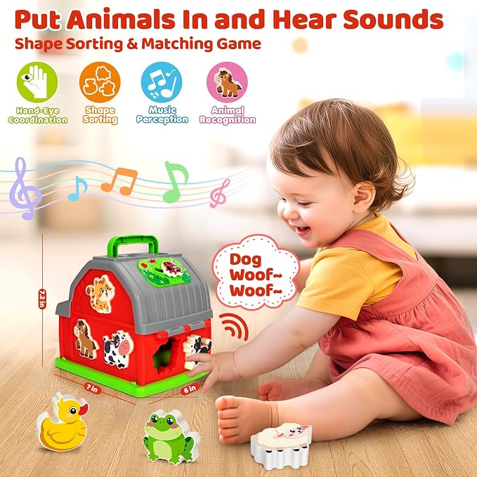 Musical Farm Animal Shape Sorting Toy, Toddler Toys for 1 2 3 Year Olds | Montessori Fine Motor Play, Interactive Music and Farm Animals, Early Learning, Christmas Birthday Gifts, Ages 12-18 Months+