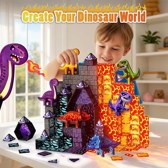 GobiDex 80PCS Dinosaur Toys Magnetic Tiles Building Blocks for Kids Ages 3+ | Jurassic Dinosaur World Adventure Theme, STEM Magnetic Blocks Building Play, Creative Brthday Gifts for Boys Girls