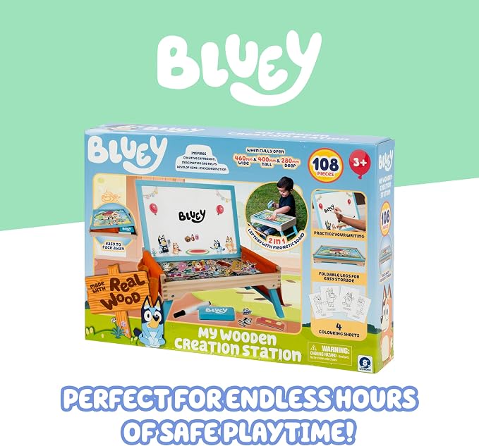 Bluey Art Creation Station, 100 Magnets & Whiteboard Lid | Foldable legs, storage pockets for magnets, portable design; Bluey activity set for kids ages 3-5
