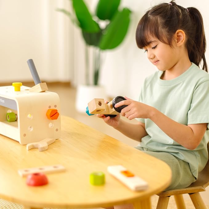 PlanToys® Wooden Little Tool Bench Montessori Construction Kids STEM Toy | hammer, wrench, screwdriver, kids tool set, girls, boys, fine motor problem solving imaginative role play gift preschool