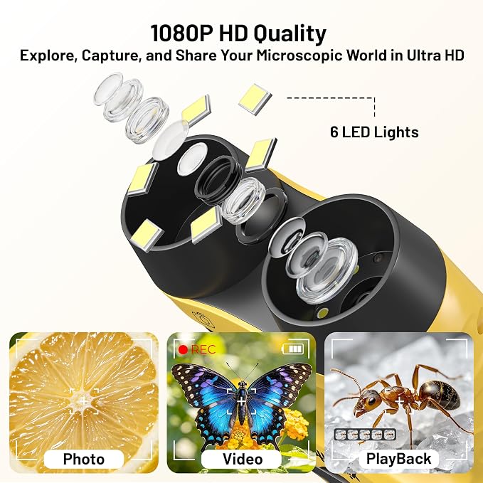 1000X Handheld Microscope for Kids 2.0" Screen 32GB Card Included | Rechargeable 3 in 1 Pocket Digital Kids Microscopes with Camera & Selfie Lens, Edu Science Kits for Kids 4-6 8-12 Yellow