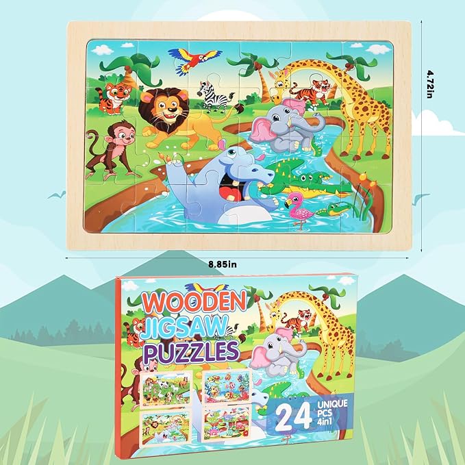 Puzzles for Kids Ages 4-6, 4 Packs 24 Piece Wooden Jigsaw Puzzle for Toddlers 5-8, Preschool Educational Puzzle Boards Toys Gifts for 4 5 6 7 8 Boys Girls
