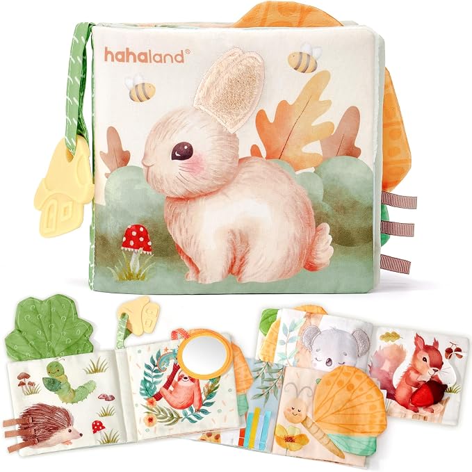 hahaland Baby Soft Cloth Crinkle Books Touch and Feel Sensory Infant Toy | Interactive Book with Mirror Teether, Perfect for 0+ 3 6 Months Baby Girl Boy Newborn Essentials