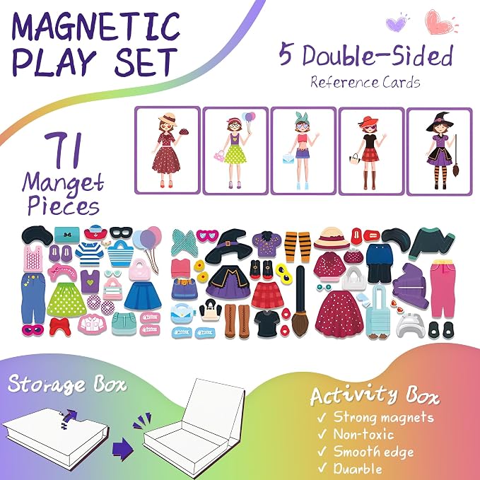Magnetic Paper Dolls for Girls Ages 4-7, 71-Piece Dress-Up Kit | Fashion Dress-Up Play, Preschool Learning Activities, Travel-Friendly STEM Toy, Fun Fridge Magnets