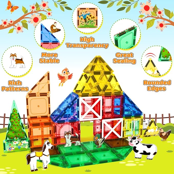Magnetic Tiles Toys with Farm Animals for 3+ Year Old Toddler, Magnetic Blocks Building Toys for Kids Ages 3-5 5-7 Girls Boys, Classroom Must Haves