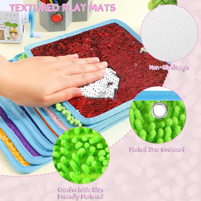 Boao 8 Set Mini Sensory Mats Assorted Textured Play Mats Sensory Floor Tiles Educational Tactile Toys for Activity(7.9 Inch,Square)