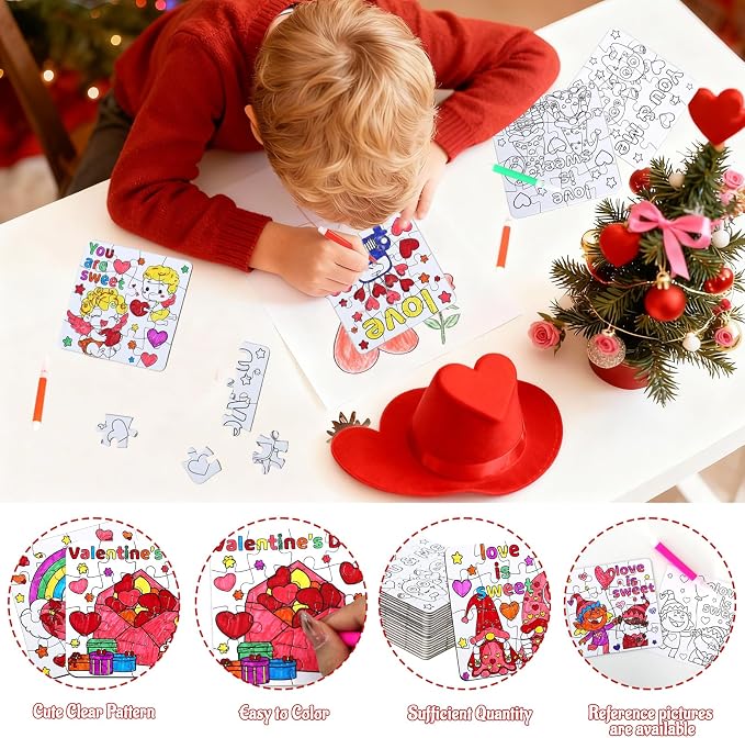 24Pcs Valentines Day Crafts Gifts Kits for Boys, Girls & Adults, Valentine's Arts and Crafts DIY Puzzle with Chocolate Cake Heart Owl, Jigsaw for Classroom Activities Party Favors Exchange Supplies
