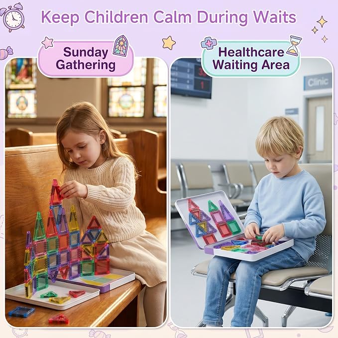 Magnetic Tiles for Kids Travel: 40pcs Portable Mini Building Toy | 30-Sec Iron Case Opens Into 10.6-Inch Play Board - STEM Gift for Toddlers Ages 3-6 - Airplane Road Trip Restaurant
