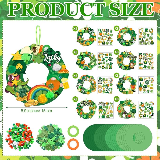 Hollowfly 48 Sets St. Patrick's Day Wreath Craft Kits | 8 Shamrock and Leprechaun Designs, 5.91 in Paper Wreaths with Pom-Poms and Stickers, Crafts for Home, Classroom and Parties
