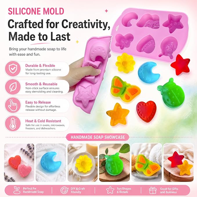 EDSRDRUS Beginner Soap Making Kit for Kids - Science STEM Activity with Glycerin Soap Base, 6-Hole Silicone Molds, Colorants, Essential Oil - Fun, Easy, Creative DIY Craft Kits
