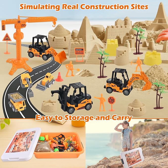 Faburo 34Pcs Sand Construction Site Kit Sensory Bin Toy for Toddler | 8 Vehicles, 6 Castle Molds, 5 Road Signs, 4 Worker Figures, 2.2lbs Sand, Sand Toy Birthday Gift for Kids Boy Age 3 4 5