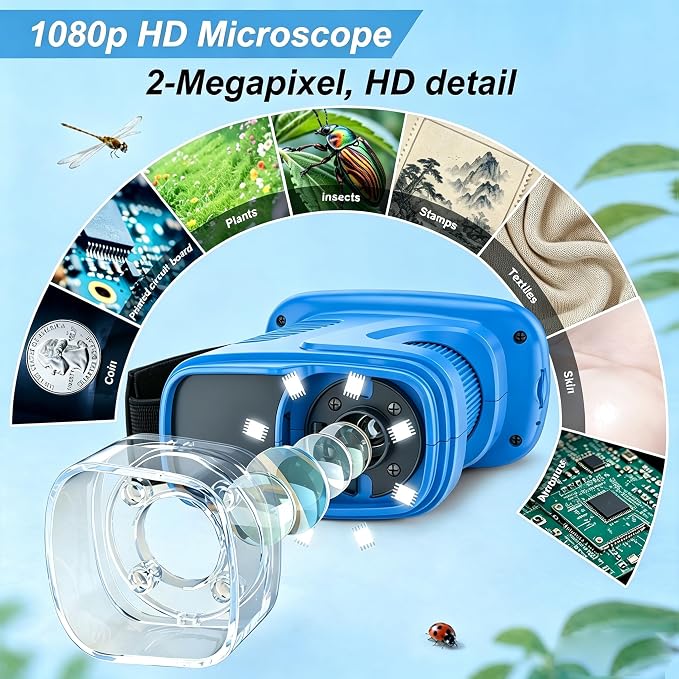 Kids Microscope,1000X HD Digital Handheld Mini Microscope 2.4" IPS Screen | Microscope for Kids, Mini Pocket Microscope for Children Birthday Gift, Science Education Fun for Boys Girls Ages 4-12 Blue
