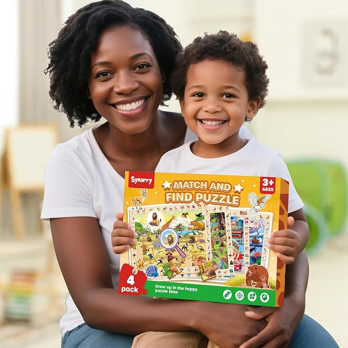 SYNARRY Wooden Puzzles for Kids Ages 4-6, 4 x 60 Piece Match & Find Puzzles for Kids Ages 3-5 Boy Girl, Educational Easter Gifts for 4-8 Year Olds, Learning Jungle Savannah Polar Animals & City Life