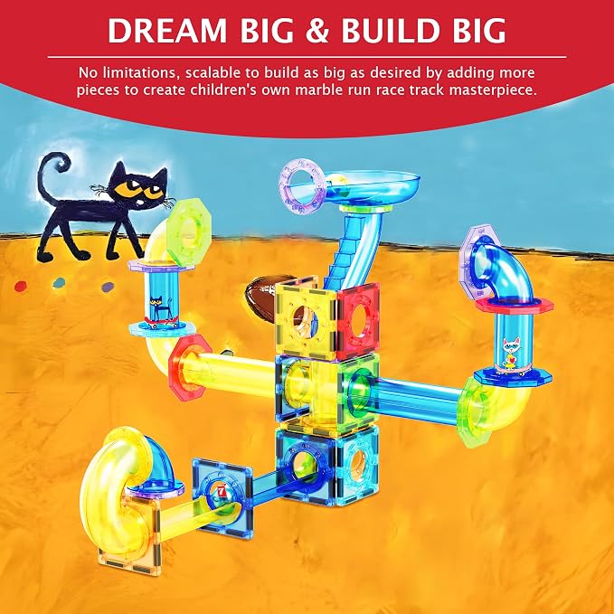 PicassoTiles 62pcs Magnetic Tile Pete the Cat Magnetic Marble Run Toy Set with Race Track Tubes Marbles and Stickers STEM Educational Construction Building Blocks for Kids Boys Girls Ages 3 Up PTG03