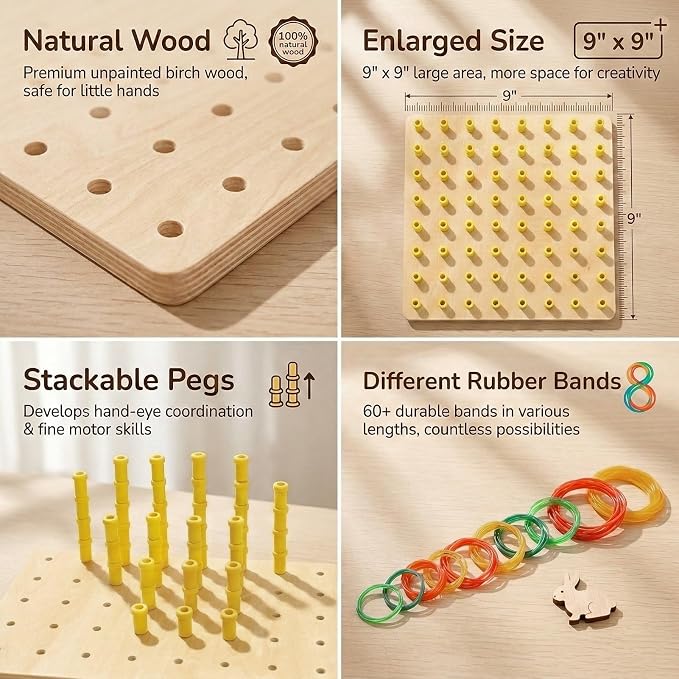 Wooden Geoboard with Stackable Pegs - 2 in 1 Montessori Peg Board Toy with 68Pcs Wood Pegs for 3 4 5 6 Year Old Kids - Fine Motor STEM Building Set, Wooden Brain Teaser Puzzle Gifts for Boys & Girls