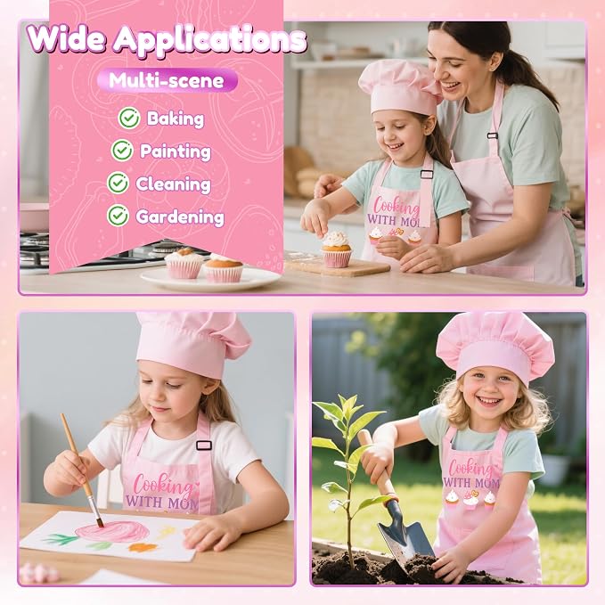 R HORSE Kid Apron and Chef Hat Set 2Pcs Adjustable Pink with Mom Cooking Children Kitchen Apron, Dress up Role Play Chef Toy Funny Cooking Baking Painting and Training Kit for Kids Birthday Party Gift