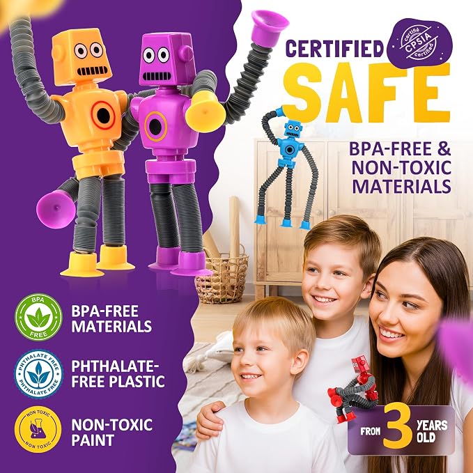 nutty toys Sensory Robot Toys 4pk - Top Pop Tubes Fidget 2026 for ADHD & Autism Ages 3 4 5 6 7 8 9 10 11 12, Best Kids Travel Idea, Unique Christmas Toddler & Tween Gift Idea & Boy Stocking Stuffers