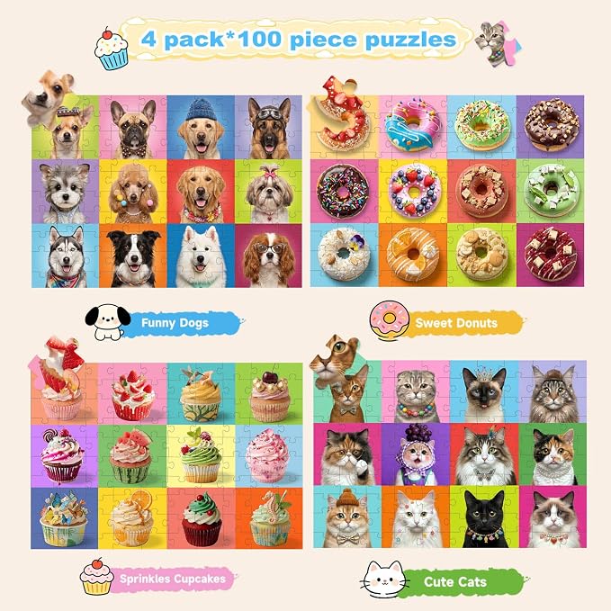 Puzzles for Kids Ages 4-6 6-8 8-10 Year Old, 4 Packs 100 Piece Dogs Cats Cupcakes Donuts Educational Jigsaw Puzzles, Learning Educational Kid Jigsaw Puzzles Gifts for Girls and Boys
